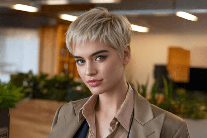 Uma mulher com cabelo feminino com corte Pixie Cut, prático e estiloso. Esse corte é curto nas laterais e mais volumoso na parte superior, destacando o rosto e proporcionando um visual moderno e ousado.
