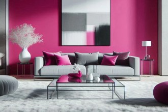 Uma sala de estar moderna e ampla, com uma parede de destaque pintada de fúcsia. No centro da sala, um sofá cinza minimalista contrasta harmoniosamente com almofadas fúcsia e cinzas. O piso é de madeira clara, e um tapete branco macio cobre parte do chão. Ao lado, uma mesa de centro de vidro e metal exibe um vaso com flores brancas, e quadros abstratos em preto e branco estão pendurados na parede. Cor fucsia na decoração.